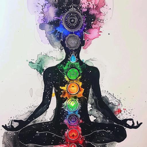 give me a figure showing the 7 chakra points in the body with the corresponding color of each chakra, make the picture fantastical and beautiful