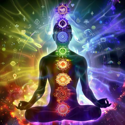 give me a figure showing the chakra system with the corresponding color of each chakra make the picture fantastical and beautiful