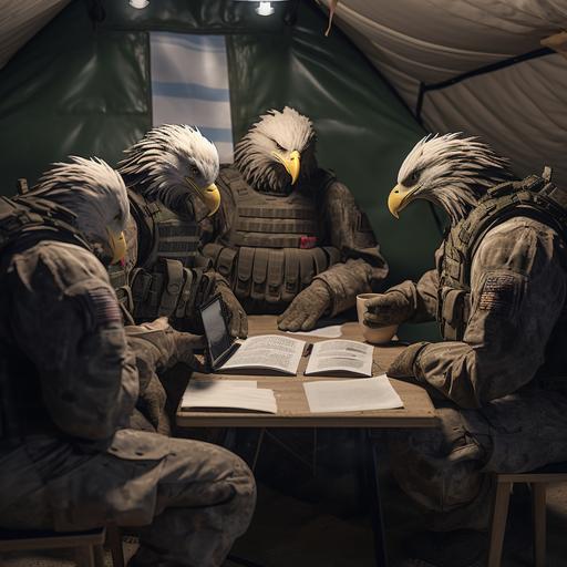 6 american Bald Eagles wearing military gear, one is briefing the other eagles on a plan, inside a tent, tactical, staff synch, plan board stand, Bald eagle heads, perfect lighting high resolution high definition,8k.