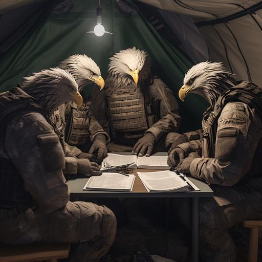 6 american Bald Eagles wearing military gear, one is briefing the other eagles on a plan, inside a tent, tactical, staff synch, plan board stand, Bald eagle heads, perfect lighting high resolution high definition,8k.