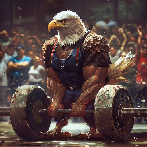 American Bald Eagle wearing strongman outfit, deadlifting heavy weight at a strongman competition, crowd cheering him on in the background, anime style, fitness style, perfect lighting high resolution high definition,8k.