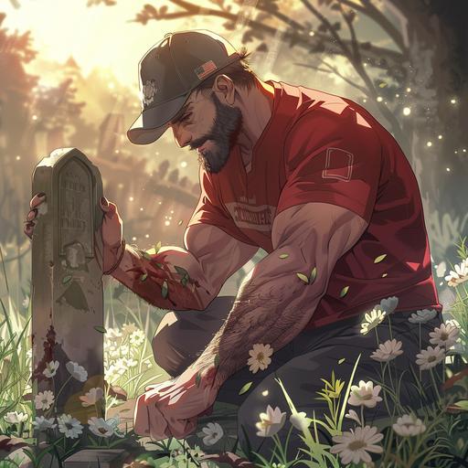 Anime man, white skin, brown beard, wearing a baseball hat, red shirt, muscular fat, kneeling next to grave, in remembrance, in memoriam, warm lighting, perfect lighting high resolution high definition,8k.