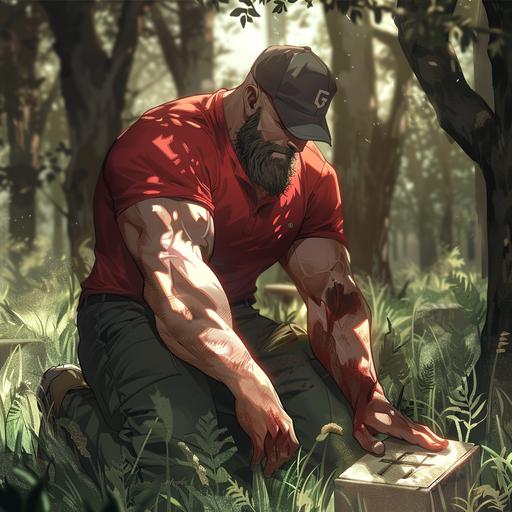Anime man, white skin, brown beard, wearing a baseball hat, red shirt, muscular fat, kneeling next to grave, in remembrance, in memoriam, warm lighting, perfect lighting high resolution high definition,8k.