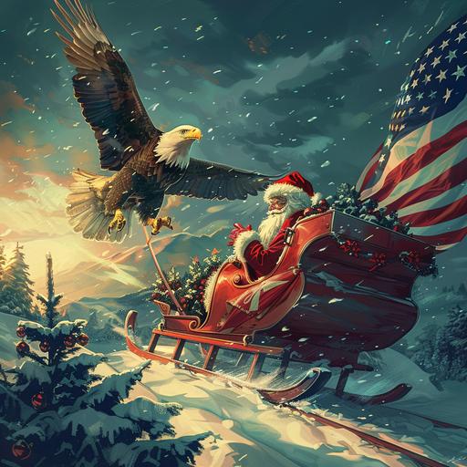 Anime style, Santa flying sleigh next to American Eagle, American flag, logo, screen saver, perfect lighting high resolution high definition,8k.