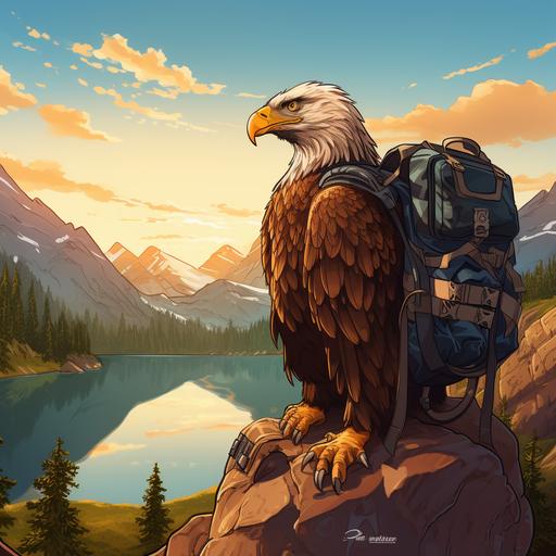Anthropomorphic Bald Eagle wearing hiking gear clothes and backpack, hiking up mountain trail to see beautiful Horizon sunrise over a lake, anime style, cartoon style, hiking themed, majestic, perfect lighting high resolution high definition,8k.
