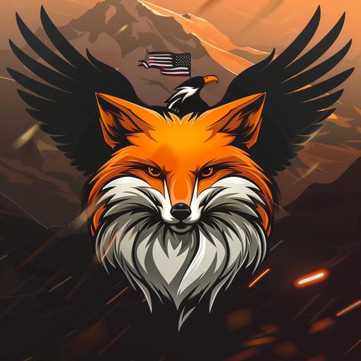 Foxtrot logo, fox, epic art, American, Eagle in Background, epic logo, anime style, perfect lighting high resolution high definition,8k.