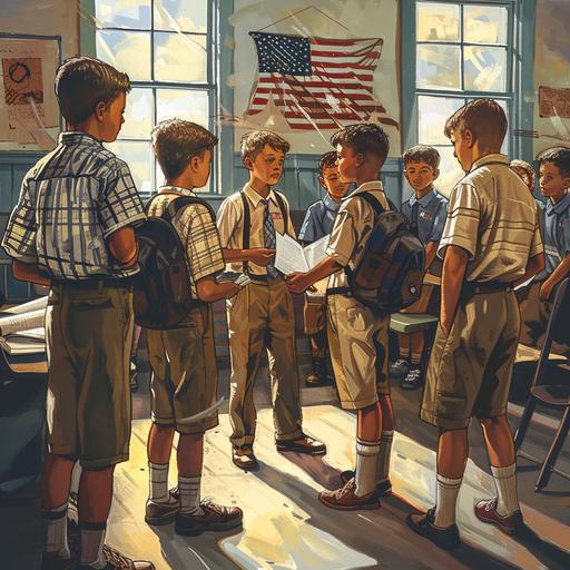 Young boys in an American classroom huddled up doing a group pinky swearing pledge, cartoon van gough style, epic art, perfect lighting high resolution high definition,8k.