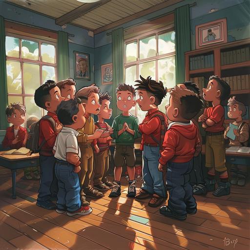 Young boys in an American classroom huddled up doing a group pinky swearing pledge, cartoon van gough style, epic art, perfect lighting high resolution high definition,8k.