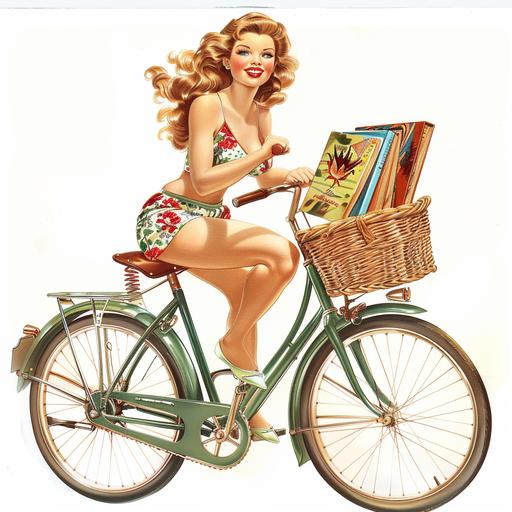 glam 1950s pin up girl wearing shorts riding a peddle bike, basket on bike has books in it, white background, illustration in the style of Alberto Vargas --v 6.0