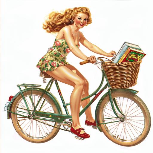 glam 1950s pin up girl wearing shorts riding a peddle bike, basket on bike has books in it, white background, illustration in the style of Alberto Vargas