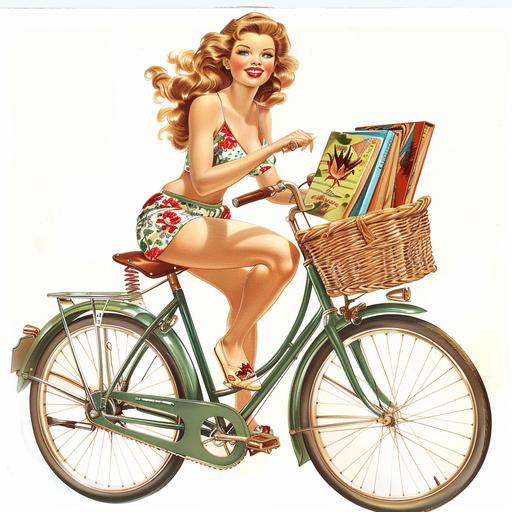 glam 1950s pin up girl wearing shorts riding a peddle bike, basket on bike has books in it, white background, illustration in the style of Alberto Vargas