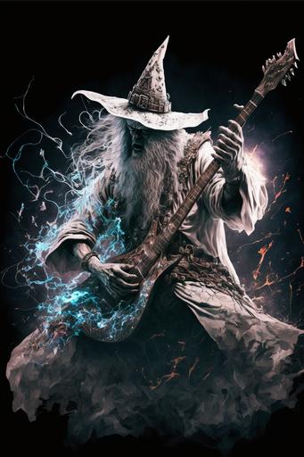 glam metal Gandalf the White playing guitar, dynamic pose, head banging, dramatic light --ar 2:3 --q 2