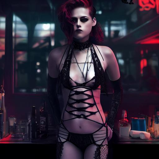 glamourous shot of kirsten stewart as an exotic dancer, full body   gothic lace tiny bikinis   insanely detailed stunning face   highly detailed crowded cyberpunk bar   cold white light  octane render   ultra detailed   super realistic   cinematic scene   UHD   8k   photoreal --test --creative --upbeta