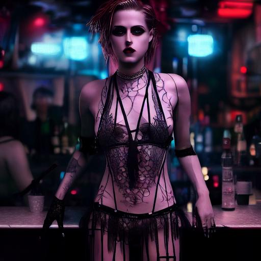 glamourous shot of kirsten stewart as an exotic dancer, full body   gothic lace tiny bikinis   insanely detailed stunning face   highly detailed crowded cyberpunk bar   cold white light  octane render   ultra detailed   super realistic   cinematic scene   UHD   8k   photoreal --test --creative --upbeta