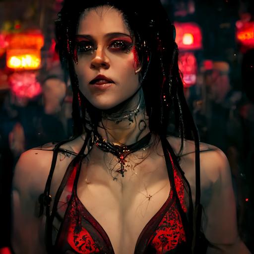 glamourous shot of kirsten stewart as an exotic dancer, full body   gothic red lace tiny bikinis   long black hair   insanely detailed stunning face   highly detailed crowded cyberpunk bar   cold white light  octane render   ultra detailed   super realistic   cinematic scene   UHD   8k   photoreal