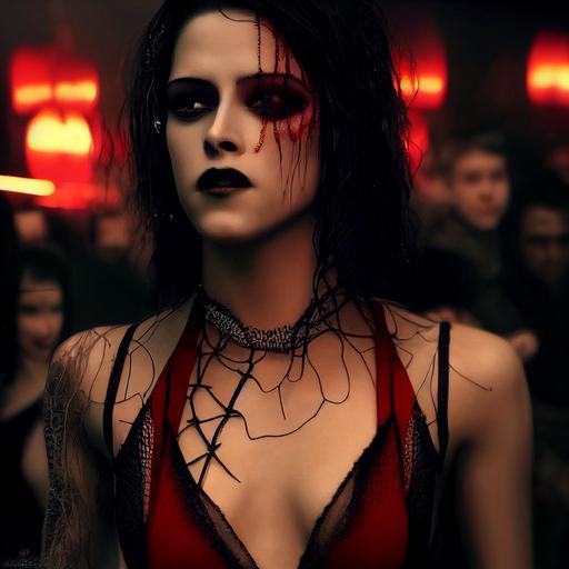 glamourous shot of kirsten stewart as an exotic dancer, full body   gothic red lace tiny bikinis   long black hair   insanely detailed stunning face   highly detailed crowded cyberpunk bar   cold white light  octane render   ultra detailed   super realistic   cinematic scene   UHD   8k   photoreal --test --creative --upbeta