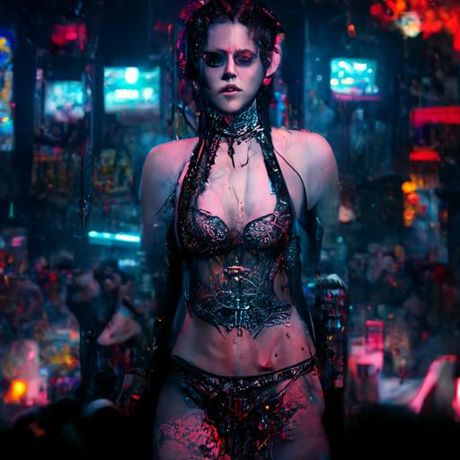 glamourous shot of kirsten stewart as an exotic dancer, full body   gothic lace tiny bikinis   insanely detailed stunning face   highly detailed crowded cyberpunk bar   cold white light  octane render   ultra detailed   super realistic   cinematic scene   UHD   8k   photoreal