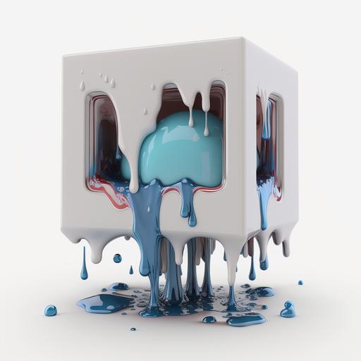glass 3d model cube, dripping with cartoon icecrean, that is outside of the observeable universe and punctures your soul, white background, 3d