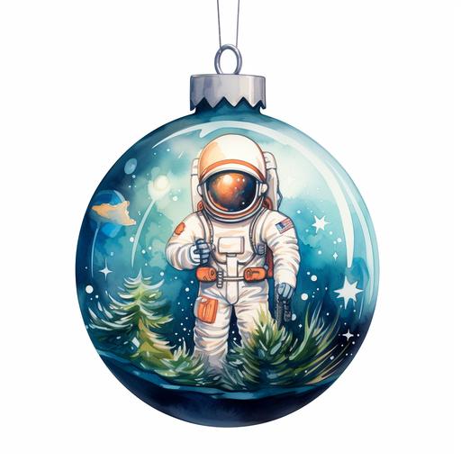 glass Christmas tree toy astronaut watercolor drawing on a white background