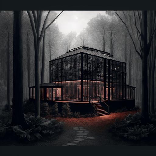glass house in woods, black ink painting style --v 4