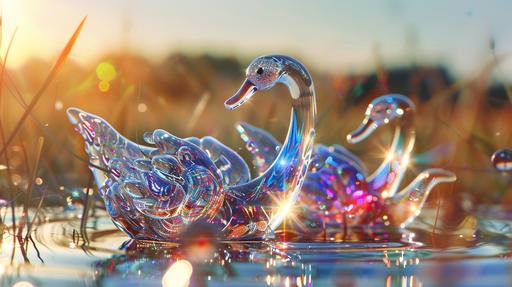 glass swans in crop circles made by melted glass, colorful murano, reflective, clear sharp focus, lens flares --ar 16:9 --v 6.0