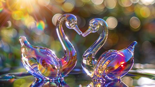 glass swans in crop circles made by melted glass, colorful murano, reflective, clear sharp focus, lens flares --ar 16:9 --v 6.0