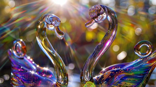 glass swans in crop circles made by melted glass, colorful murano, reflective, clear sharp focus, lens flares --ar 16:9 --v 6.0