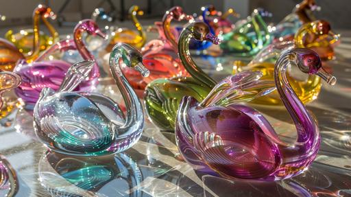 glass swans in crop circles made by melted glass, colorful murano, reflective, clear sharp focus, lens flares --ar 16:9 --v 6.0