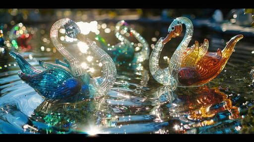 glass swans in crop circles made by melted glass, colorful murano, reflective, clear sharp focus, lens flares --ar 16:9 --v 6.0