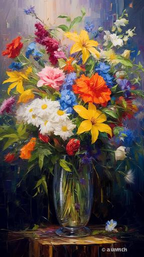 glass vase, filled with flowers, red roses, orange tiger lilies, yellow chrysanthemum, green carnations, blue delphinium, purple pansies, white daisies and black hollyhock, heavy oil paint on canvas, modern graffiti art, block printing, impressionist paintings, gorgeous --ar 9:16 --v 5.1