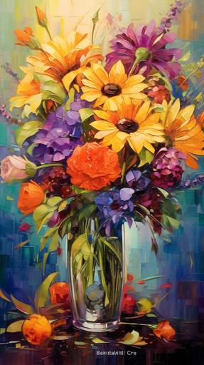 glass vase, filled with flowers, red roses, orange tiger lilies, yellow chrysanthemum, green carnations, blue delphinium, purple pansies, white daisies and black hollyhock, heavy oil paint on canvas, modern graffiti art, block printing, impressionist paintings, gorgeous --ar 9:16 --v 5.1