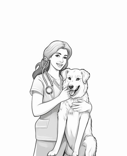 coloring page for kids, woman vet, cartoon style, full body, thick lines, low detail, no shading --ar 9:11