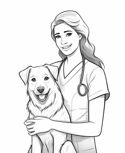 coloring page for kids, woman vet, cartoon style, full body, thick lines, low detail, no shading --ar 9:11