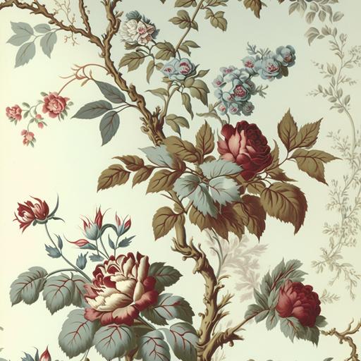 glazed chintz with a white ground showing a design of roses and other flowers in clusters in a perpendicular arrangement which is well disguised by joining tendrils. In pastel shades of red, green, azure blue,light pastel lavender, dark brown, and touches of pale pastel yellow, tileable wallpaper design