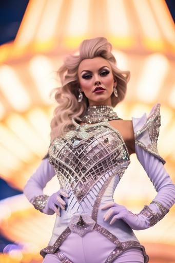 glinda the las vegas show girl , Panoramic View, captured by canon R8 400mm F5. 4 HD result, cinematic photography style --ar 2:3