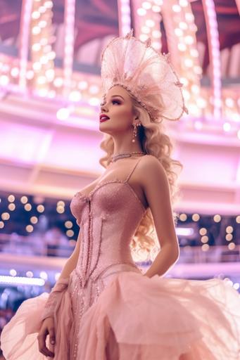 glinda the las vegas show girl , Panoramic View, captured by canon R8 400mm F5. 4 HD result, cinematic photography style --ar 2:3
