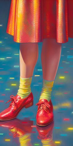 glint of light on sparkling ruby red shoes::1.1 worn by full length portrait of Judy Garland as Dorothy Gale, in the bright saturated technicolor land of the munchkins over the rainbow stylized pop art deco illustration in vivid colors, hyper-detailed illustrations, Martine Johanna, David Aja, John Berkey, photo-realistic hyperbole, photo-realistic hyperbole, kunio okawara, nobuo sekine::1.2 --ar 1:2 --s 1000 --v 5.1   --v 5.1 --s 750