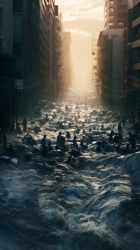 global flood that wipe down the population on earth, cinematic, hyper realistic, 8k, --ar 9:16