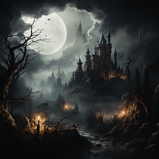 gloomy mountain scene with full moon, fog and Dracula's castle --s 750