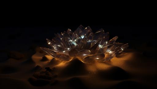 glow core, sparkling crystals buried in the dark sand, the asterism, vhs, dark & explosive, top view, dynamic angle forced perspective --style 1vX0tfizUAwgCdq --ar 7:4