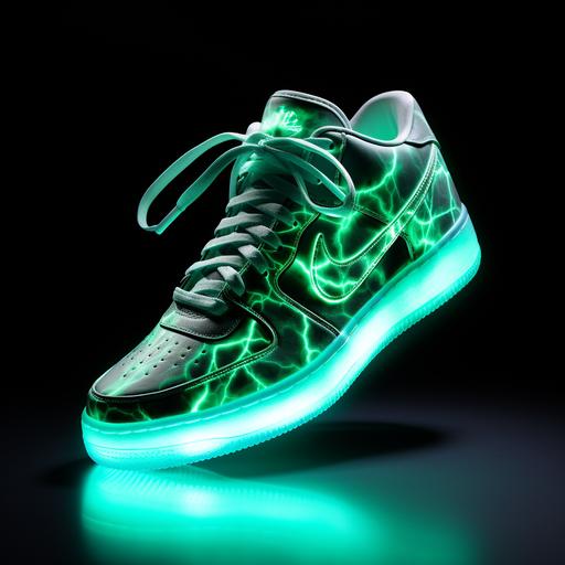 glow in the dark low-top basketball shoes with laces made from extoic metal. Show on the foot of a basketball player soaring through the air. hyper-realistic.