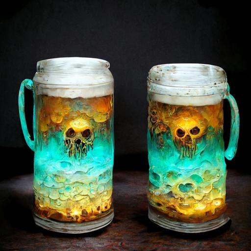 glowing pastel tankard made of melting skulls, filled with beer skulls, instanely intricate