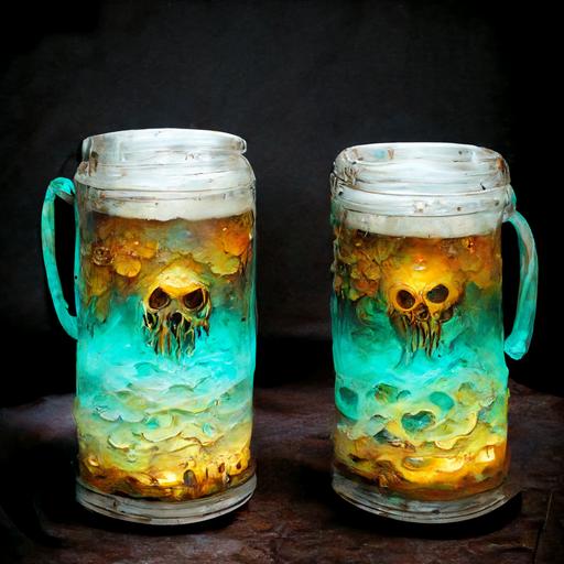 glowing pastel tankard made of melting skulls, filled with beer skulls, instanely intricate