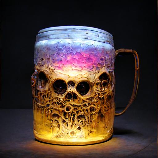 glowing pastel tankard made of melting skulls, filled with beer skulls, instanely intricate