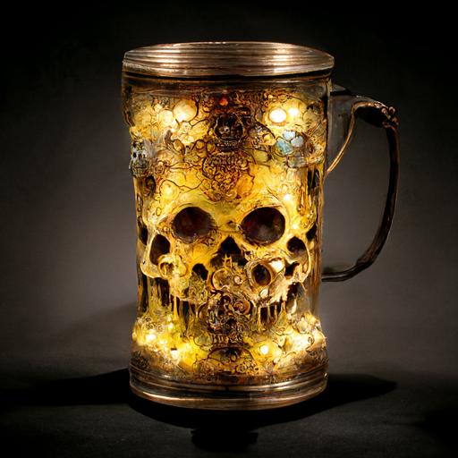 glowing tankard made of melting skulls, gold and solver and gemstones, instanely intricate,backlit