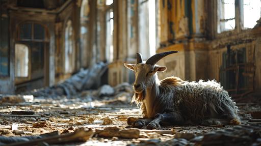 goat character looking like a politician into the Italian Parliament completely abandoned and in ruins, high quality, Sony camera, Filter ND, 24 mm lens. --ar 16:9 --v 6.0 --style raw --s 250