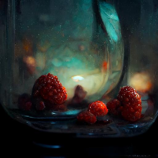 goblet of jewel-toned fruit, sparkling like gems, blackberries, raspberries, strawberries, grapes, kiwi :: very realistic :: inner glow :: catchlights :: cinematic :: hyper-realistic :: q 2 --s 20000