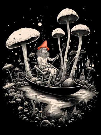god, a magic mushroom driving a Venetian gondola, ink art, stencil, t-shirt design, white paint on black background --ar 3:4