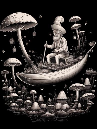 god, a magic mushroom driving a Venetian gondola, ink art, stencil, t-shirt design, white paint on black background --ar 3:4