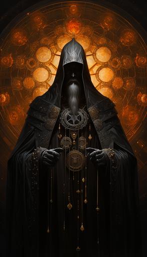 god king of judges and priests, eastern orthodox costume, complex crown, glowing eyes, medieval judge outfit, historic, parade of planets, judgement day, apocalypse, geometry, order and symmetry, isomorphic swirling cubic matrix, cubic hexagonal labyrinth, gloomy fog, renaissance, vrubel, beksinski, adolphe bouguereau, oil painting, renaissance style --ar 8:14 --q 2 --s 250